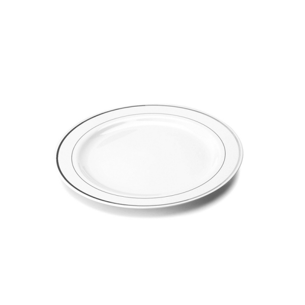 200 assiettes en plastique rigide blanc liseré argent 15 cm