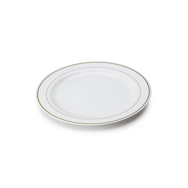 200 assiettes en plastique rigide blanc liseré or 15 cm