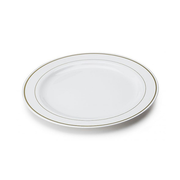 200 assiettes en plastique rigide blanc liseré or 19 cm