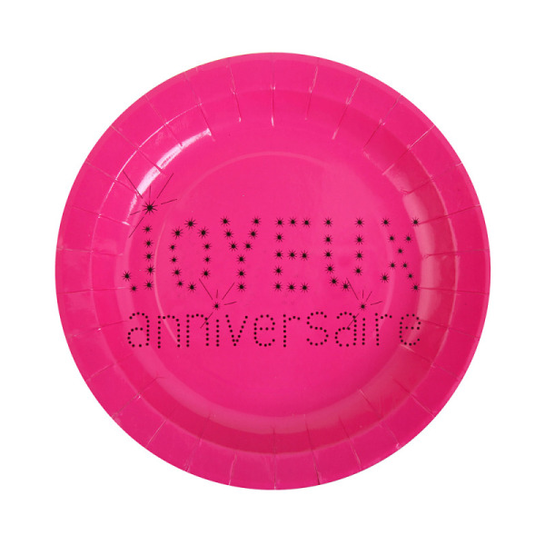 10 assiettes joyeux anniversaire en carton - fuchsia