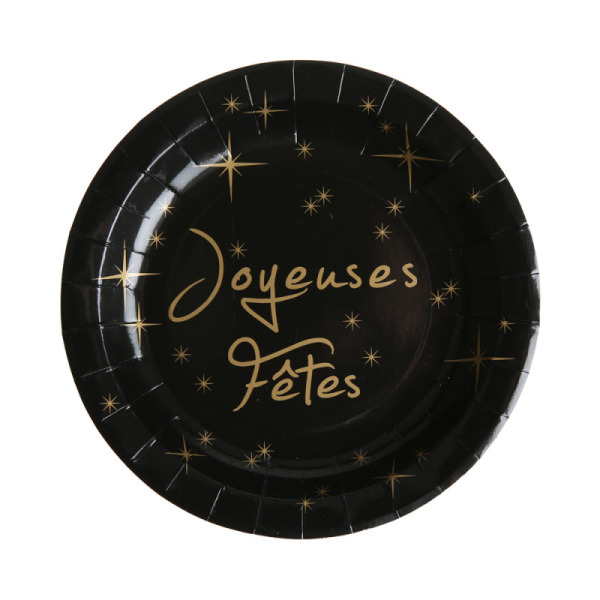 10 assiettes joyeuses fêtes en carton - noir