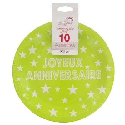 10 assiettes joyeux anniversaire en carton vert - 23 cm