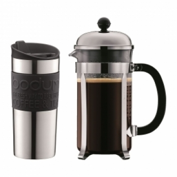 set cafetière à piston chambord bodum® 1 l et un travel mug en inox 35 cl noir