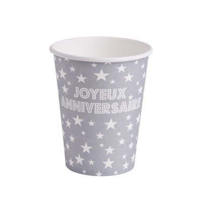 10 gobelets joyeux anniversaire en carton gris 25 cl 