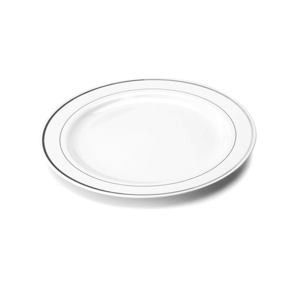 20 assiettes en plastique rigide blanc liseré argent 19 cm