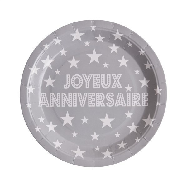 10 assiettes joyeux anniversaire en carton gris - 23 cm