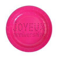 10 assiettes joyeux anniversaire en carton - fuchsia