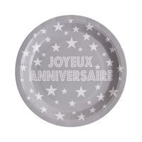 10 assiettes joyeux anniversaire en carton gris - 23 cm