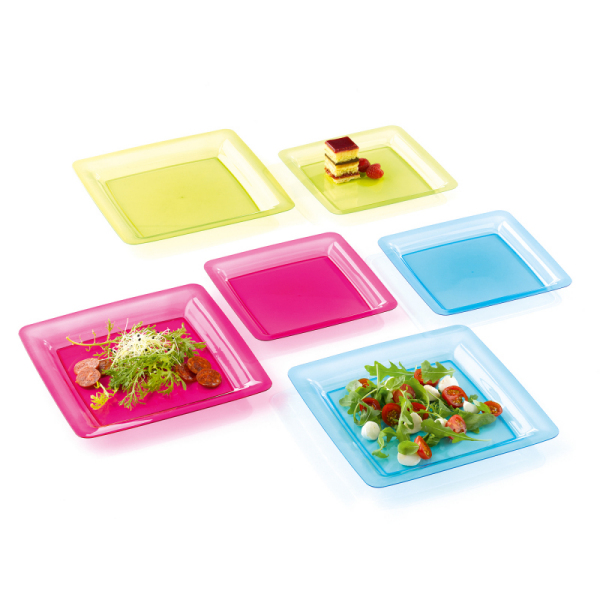 20 assiettes en plastique rigide carré turquoise 18 cm