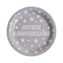 10 assiettes joyeux anniversaire en carton gris - 23 cm